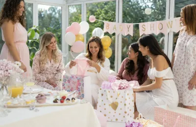 Eine schwangere Frau öffnet bei einer Babyparty ein Geschenk