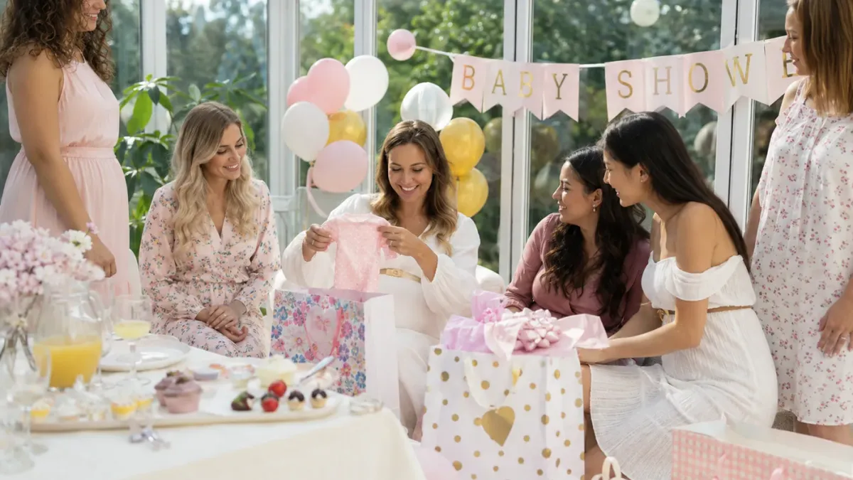 Eine schwangere Frau öffnet bei einer Babyparty ein Geschenk