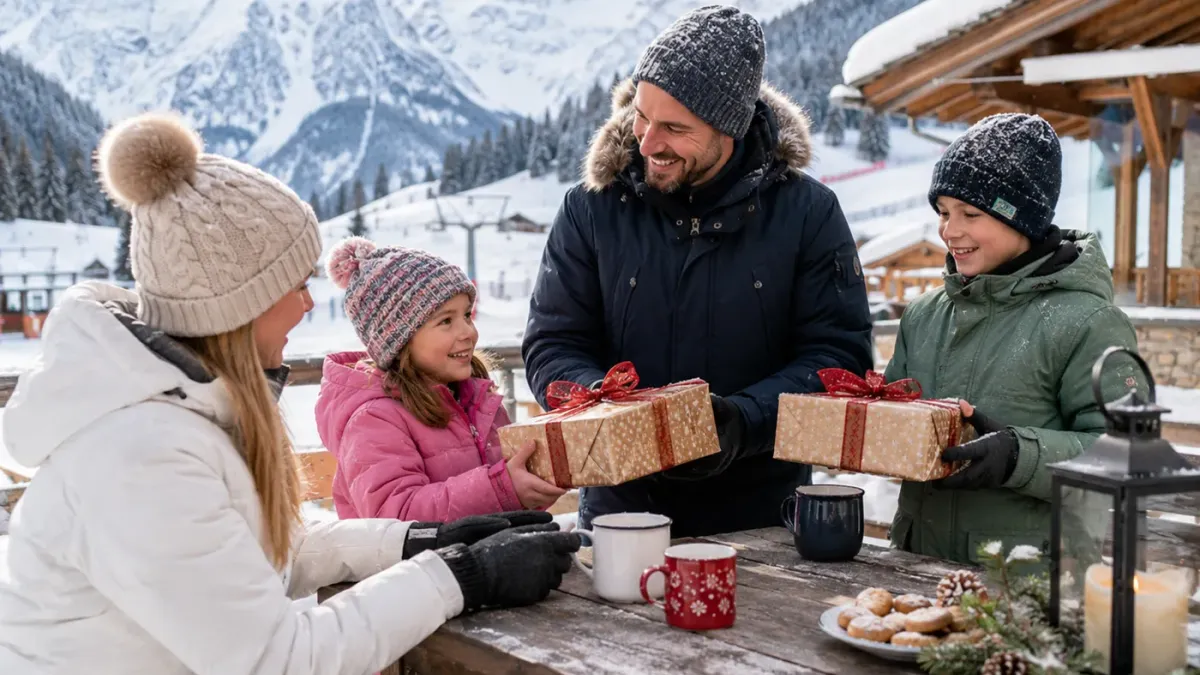 Familie überreicht sich gegenseitig personalisierte Weihnachtsgeschenke auf der Terrasse einer verschneiten Berghütte