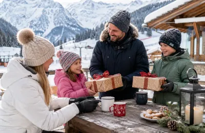 Familie überreicht sich gegenseitig personalisierte Weihnachtsgeschenke auf der Terrasse einer verschneiten Berghütte