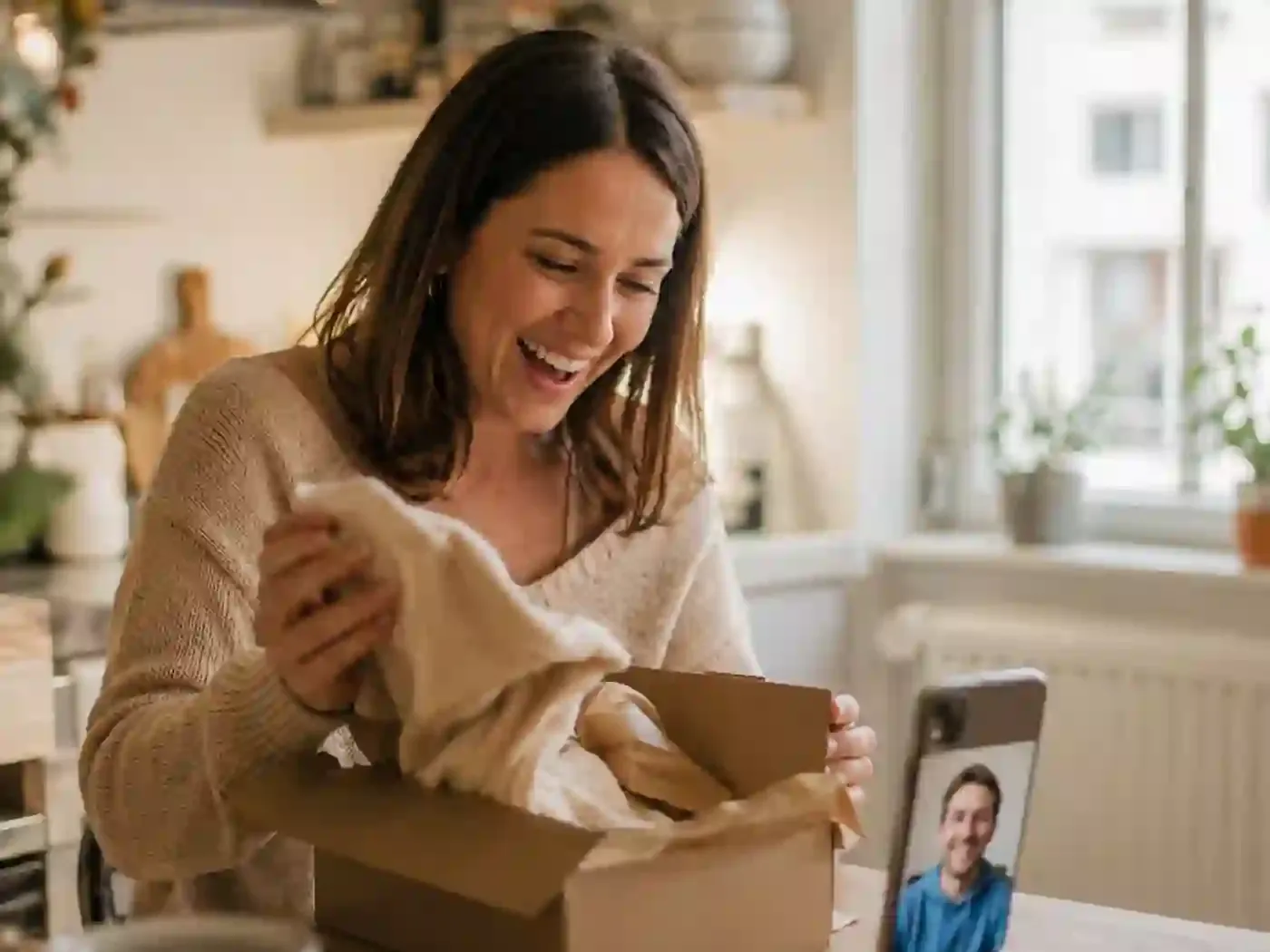 Eine Frau öffnet ein Geschenkpaket, während ihr Partner auf einem Tablet-Ständer per Videoanruf zusieht