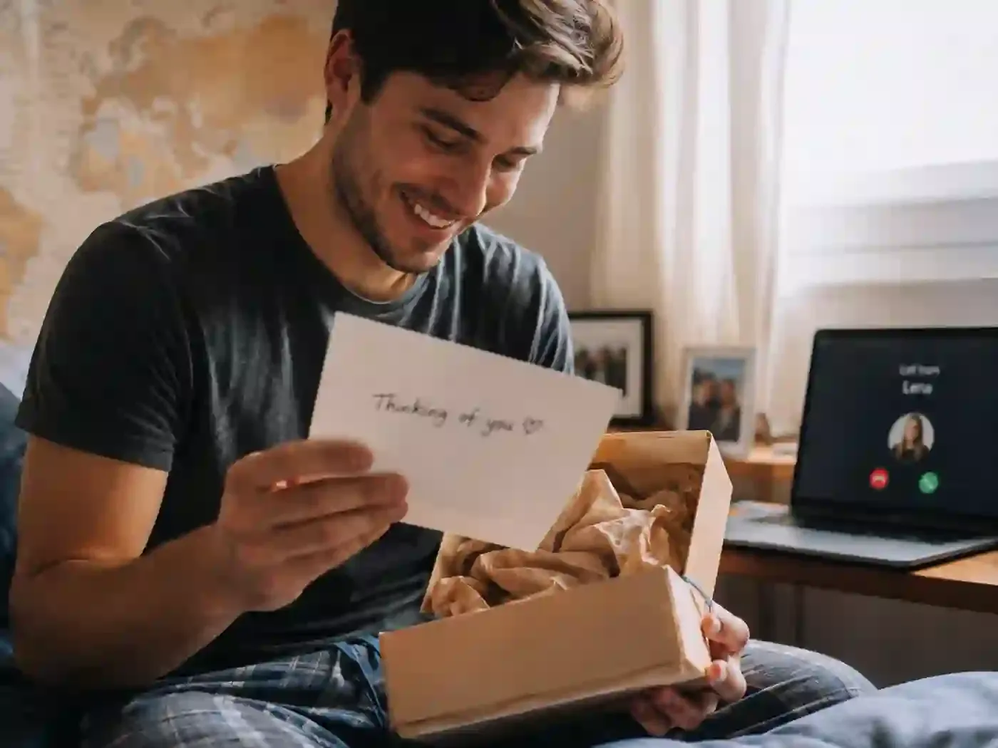 Ein Mann liest lächelnd eine Karte, während auf seinem Laptop ein Videoanruf eingeht