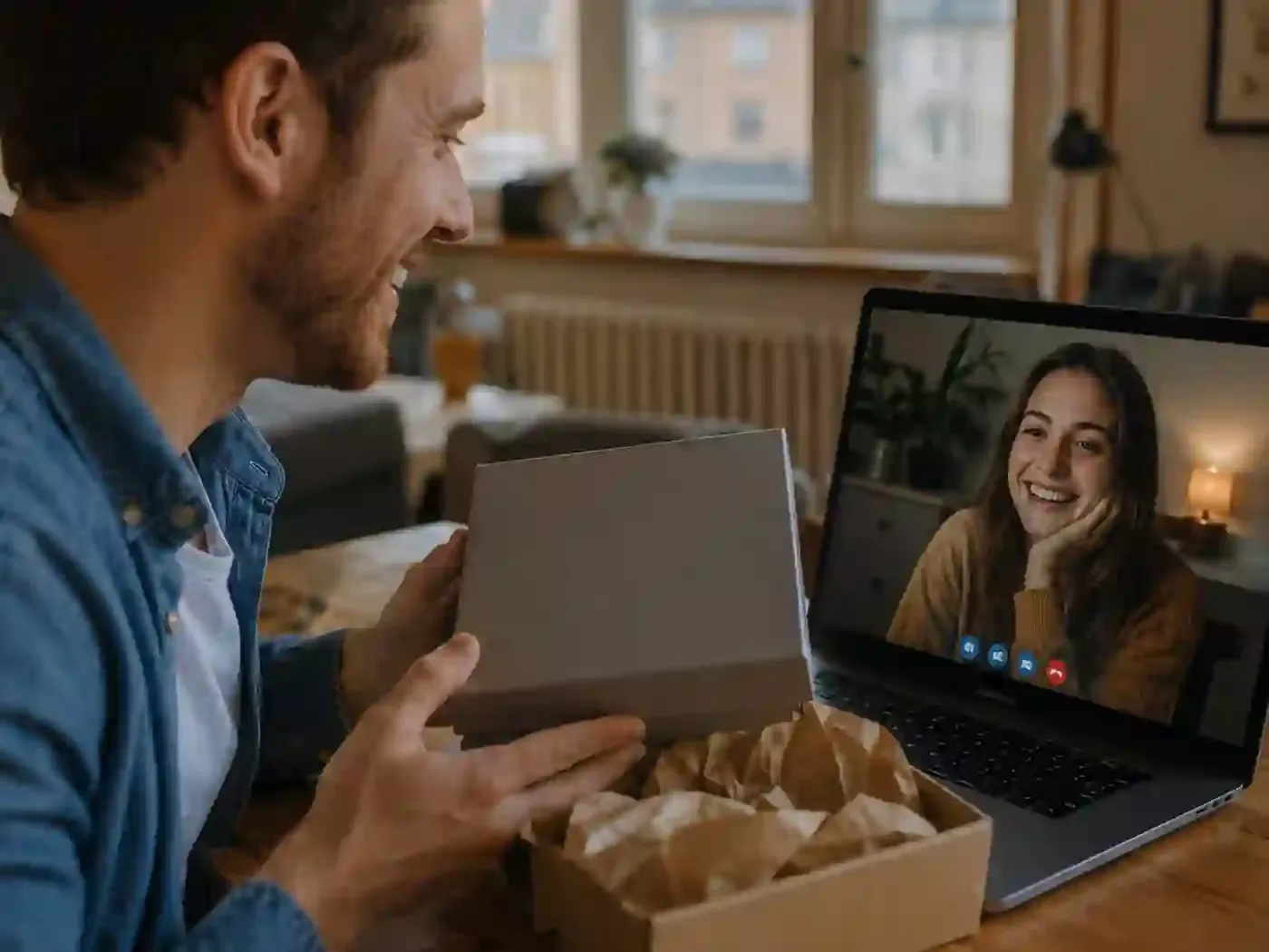 Ein Mann öffnet lächelnd eine Geschenkbox, während er mit seiner Partnerin videotelefoniert