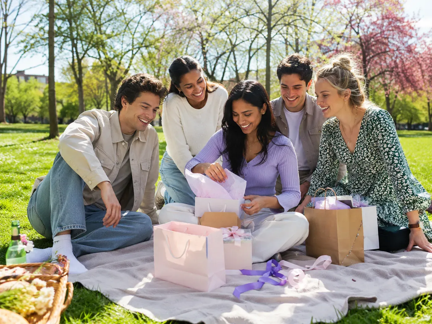 Eine Gruppe von Freunden und Familie packt gemeinsam bei einem Picknick im Park Geschenke aus