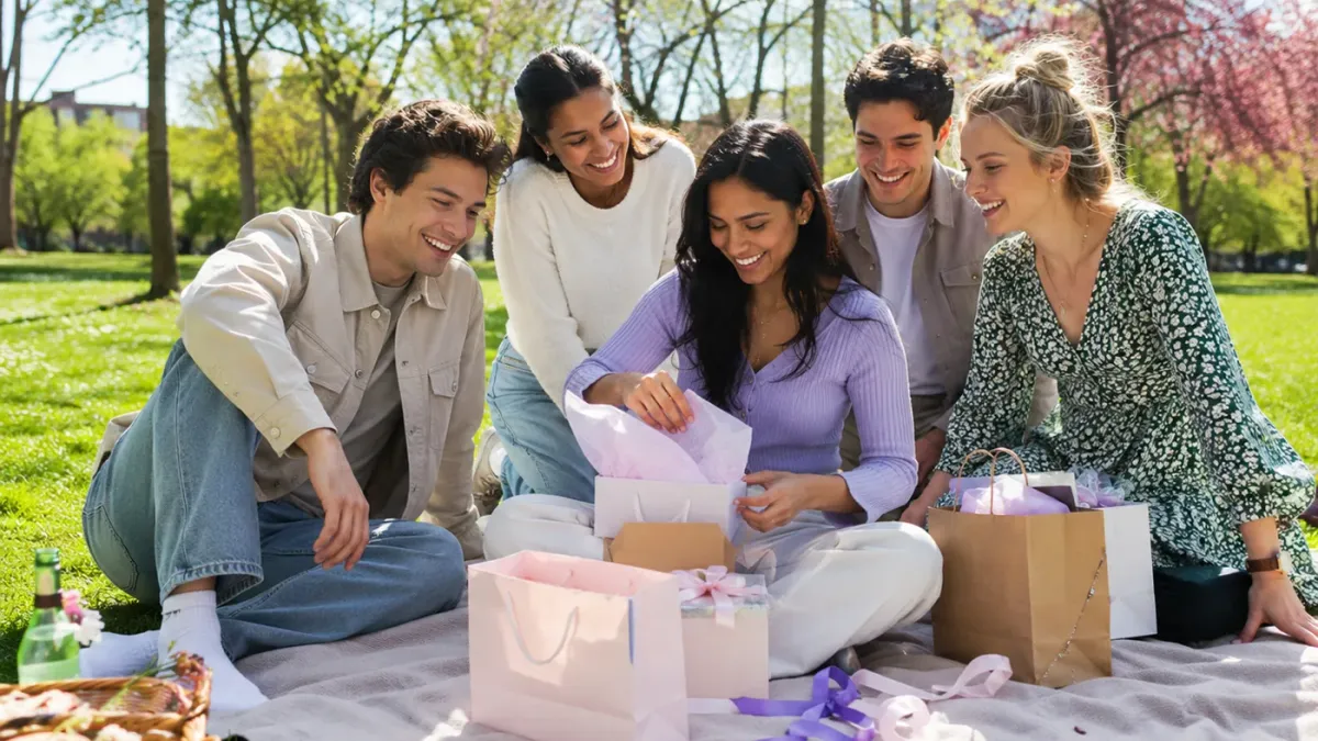Eine Gruppe von Freunden und Familie packt gemeinsam bei einem Picknick im Park Geschenke aus