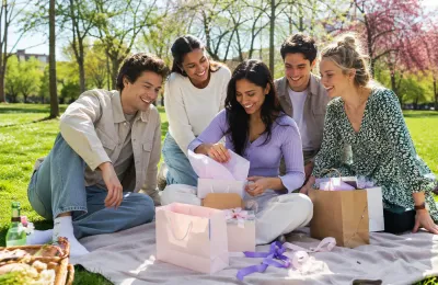 Eine Gruppe von Freunden und Familie packt gemeinsam bei einem Picknick im Park Geschenke aus