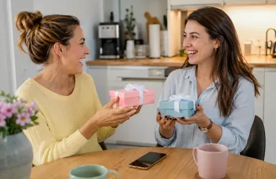 Zwei beste Freundinnen überreichen sich gegenseitig liebevoll verpackte Geschenke