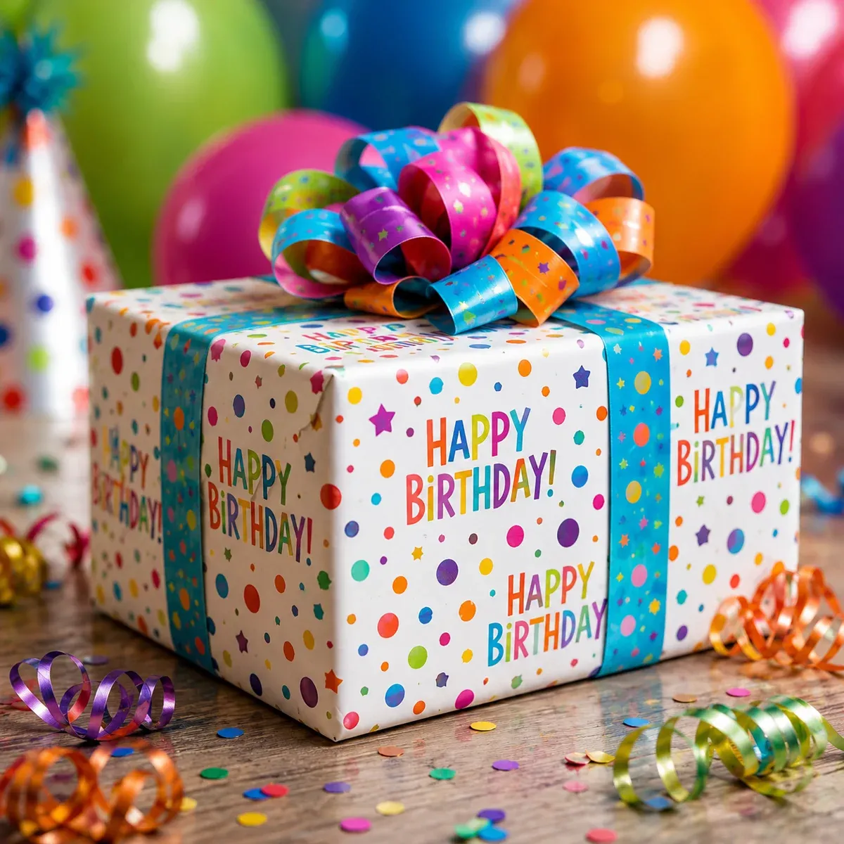 Bunt verpacktes Geburtstagsgeschenk mit Konfetti, Luftschlangen und einer Geburtstagskarte
