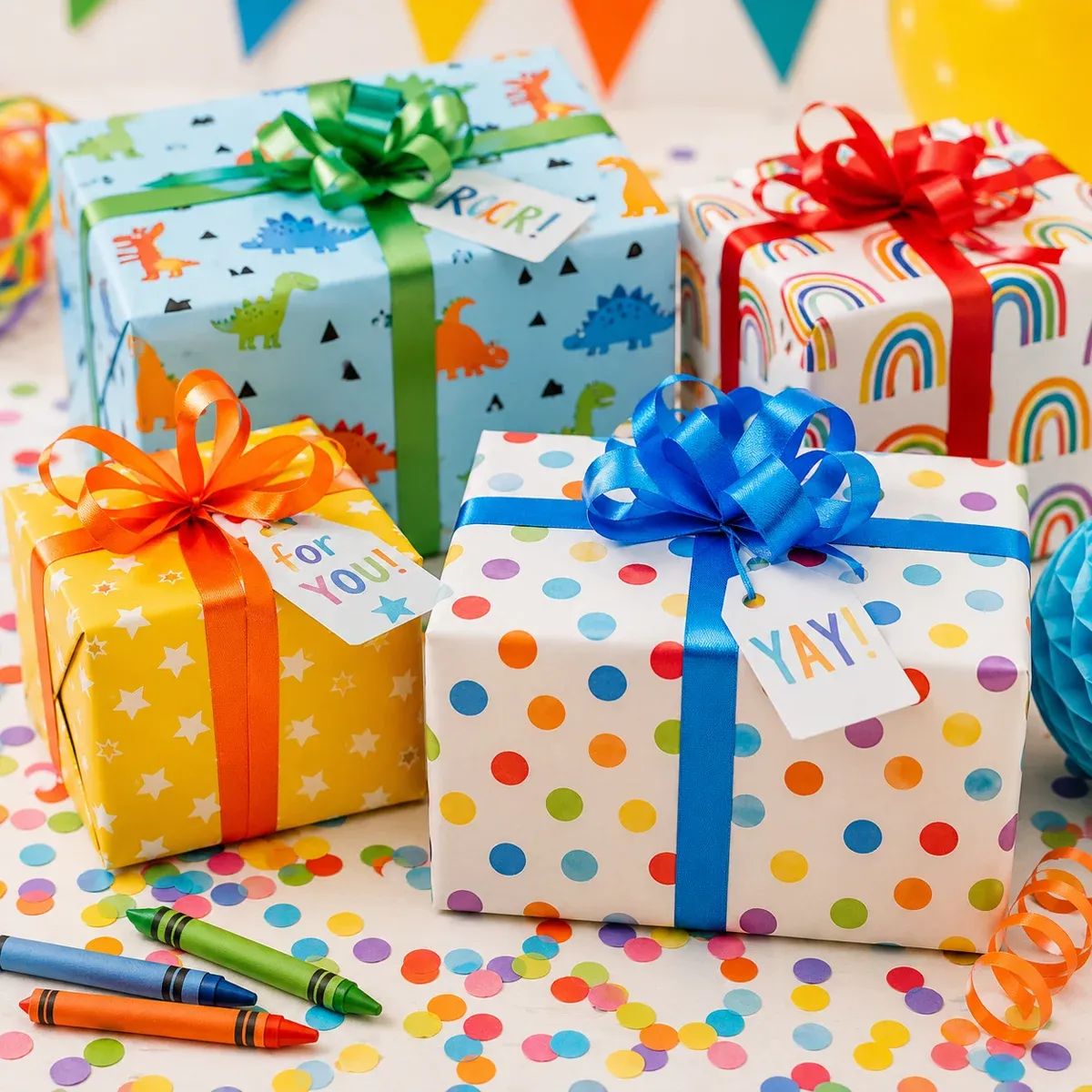 Bunt verpackte Kindergeburtstagsgeschenke mit Dinosaurier- und Regenbogenmotiven