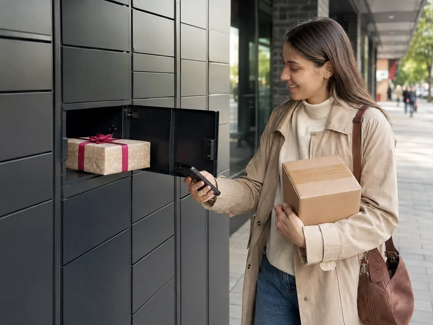 Frau holt ein liebevoll verpacktes Geschenk aus einer Packstation ab
