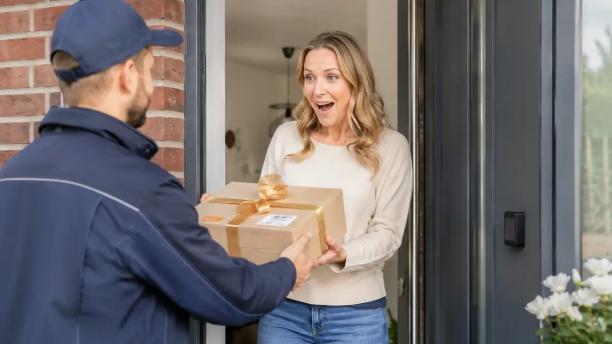 Ein Mann nimmt ein liebevoll verpacktes Geschenk an der Haustür entgegen