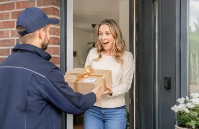 Ein Mann nimmt ein liebevoll verpacktes Geschenk an der Haustür entgegen