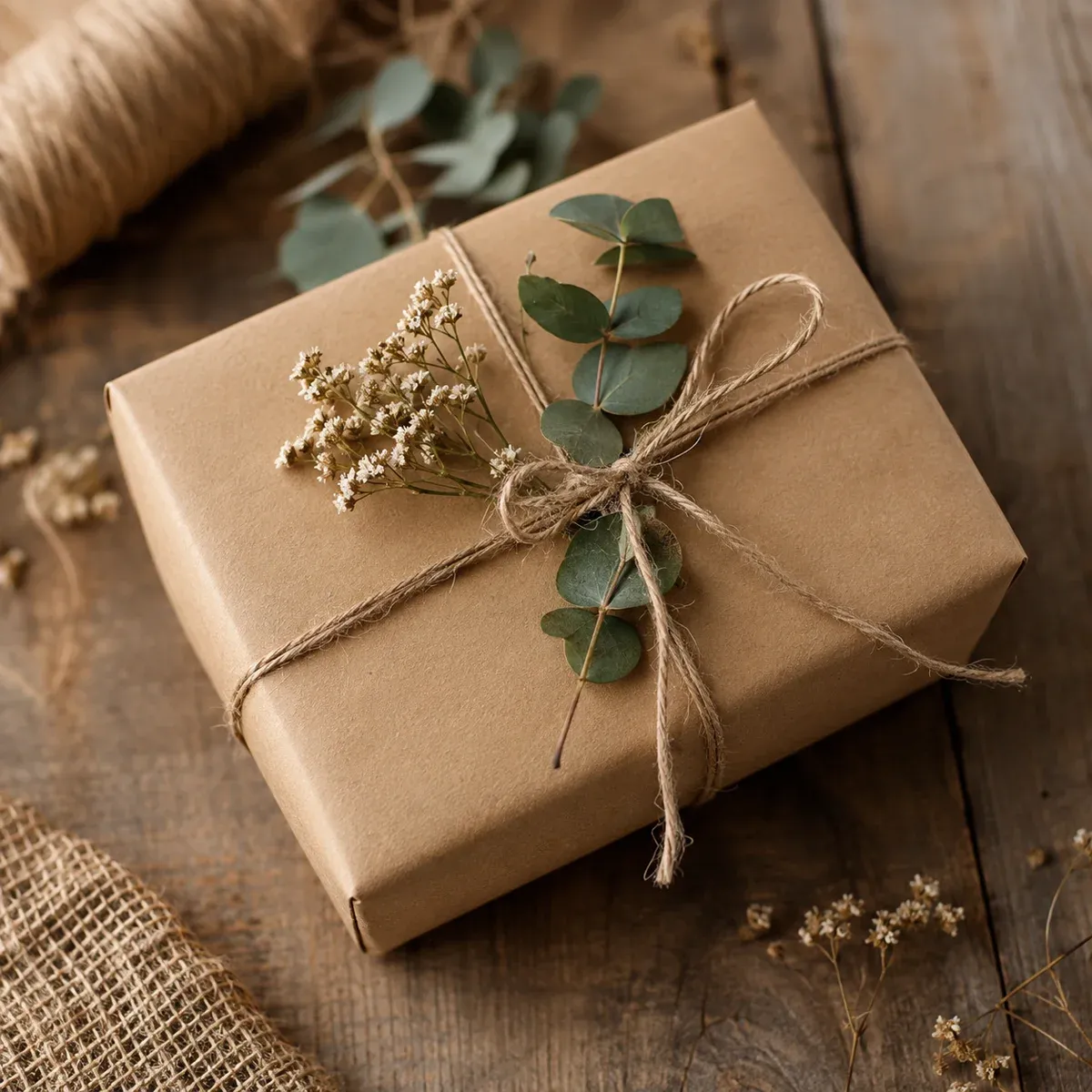 Rustikal in Kraftpapier verpacktes Geschenk mit Eukalyptuszweig und Kordel
