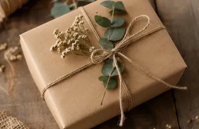 Elegant in Kraftpapier verpacktes Geschenk mit Eukalyptuszweig und getrockneten Blüten