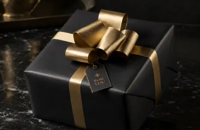 Elegant in Schwarz und Gold verpacktes Geschenk mit Anhänger 'For You'