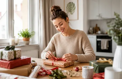 Eine Frau verpackt liebevoll ein Geschenk mit Schleife auf einem Holztisch