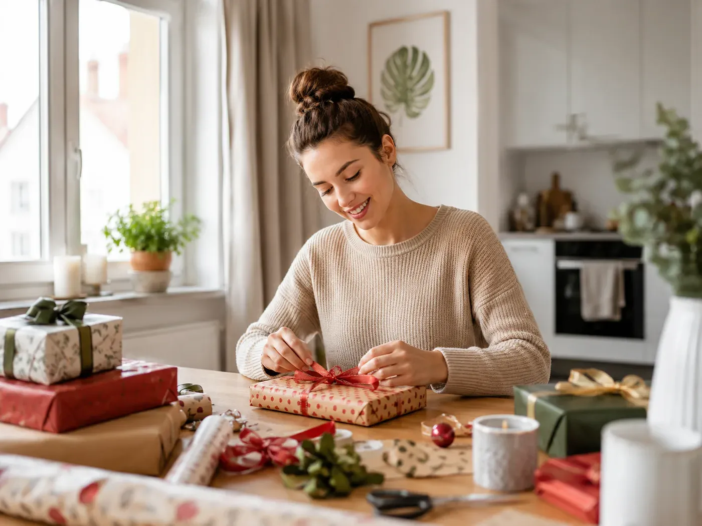 Eine Frau packt lächelnd Geschenke ein