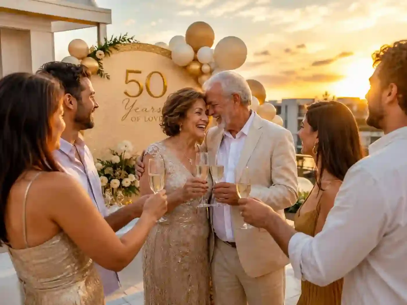 Eine Gruppe von Freunden stößt bei Sonnenuntergang mit einem älteren Paar auf deren goldene Hochzeit an