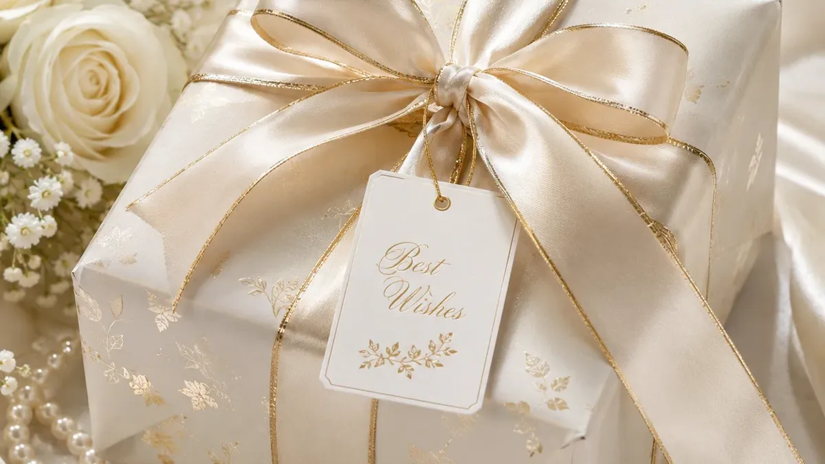 Elegant in Creme und Gold verpacktes Geschenk mit Schleife, Rosen und einem 'Best Wishes'-Anhänger