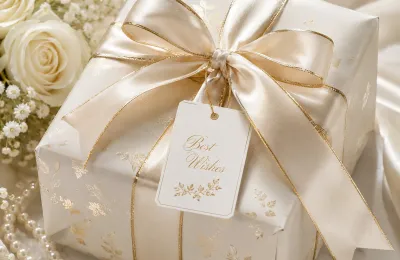 Elegant in Creme und Gold verpacktes Geschenk mit Schleife, Rosen und einem 'Best Wishes'-Anhänger