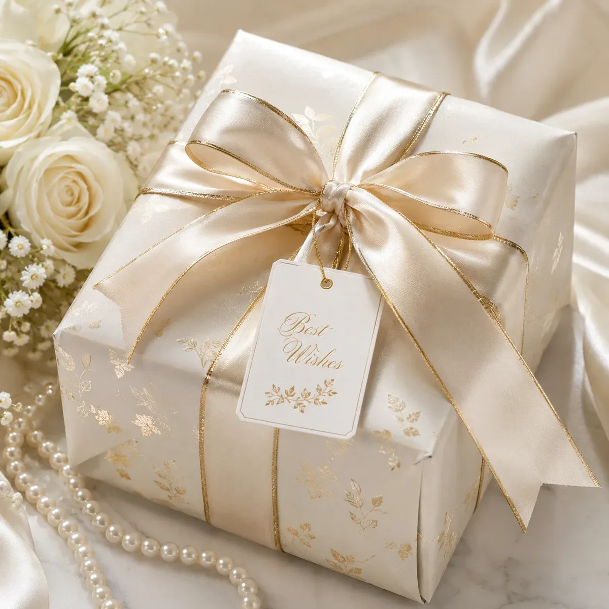 Elegant in Creme und Gold verpacktes Hochzeitsgeschenk mit der Aufschrift ‘Best Wishes’