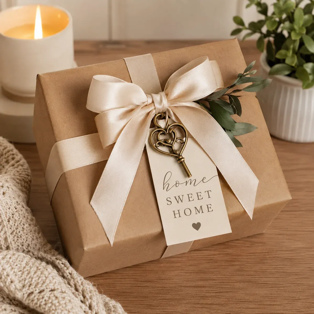 Rustikal verpacktes Geschenk mit einem goldenen Schlüsselanhänger und der Aufschrift ‘Home Sweet Home’