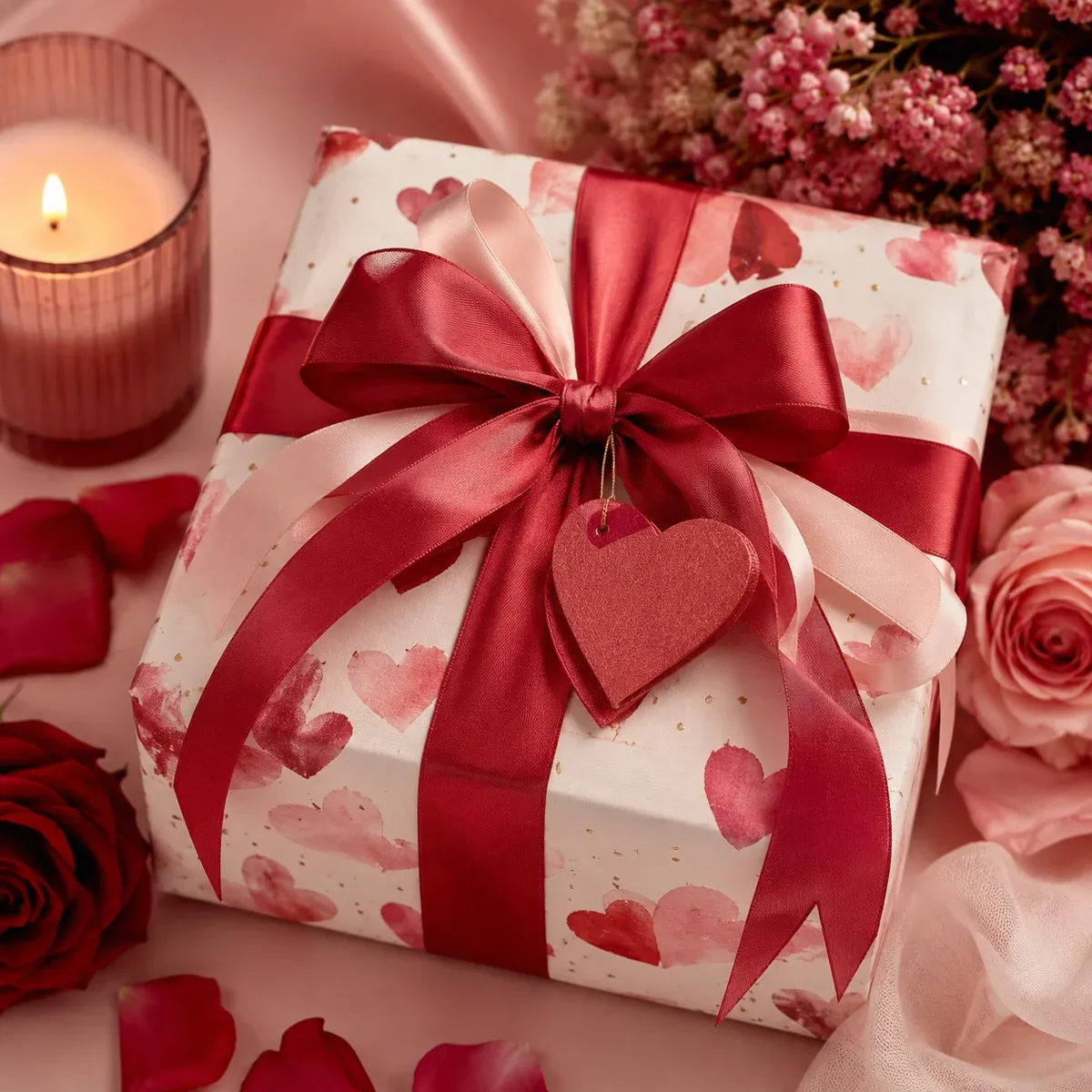 Elegant in Rot und Rosa verpacktes Geschenk mit Herzen und einem roten Herzanhänger