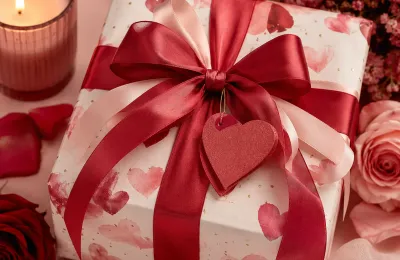 Elegant in Rot und Rosa verpacktes Geschenk mit Herzen und einem roten Herzanhänger