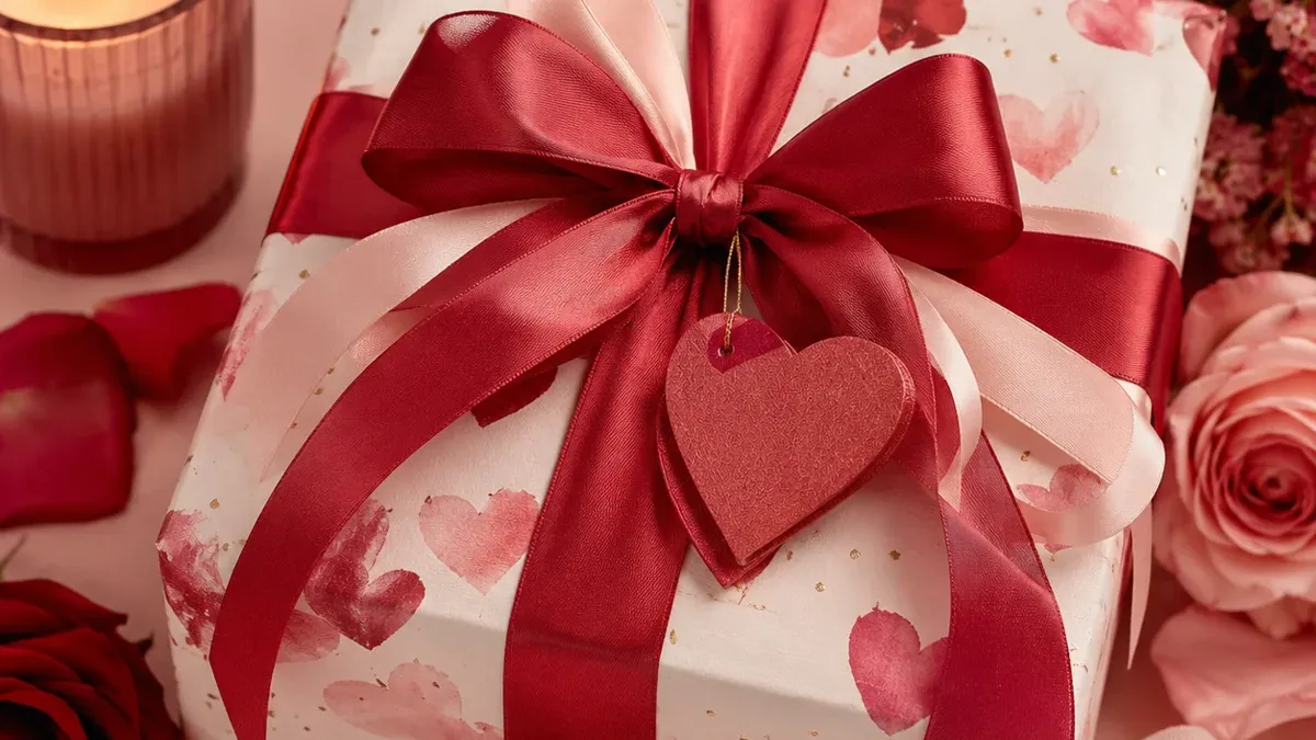 Elegant in Rot und Rosa verpacktes Geschenk mit Herzen und einem roten Herzanhänger