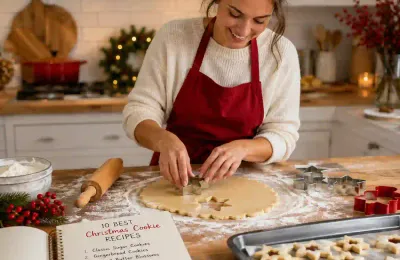 Eine Frau backt lächelnd Weihnachtsplätzchen in einer gemütlichen Küche