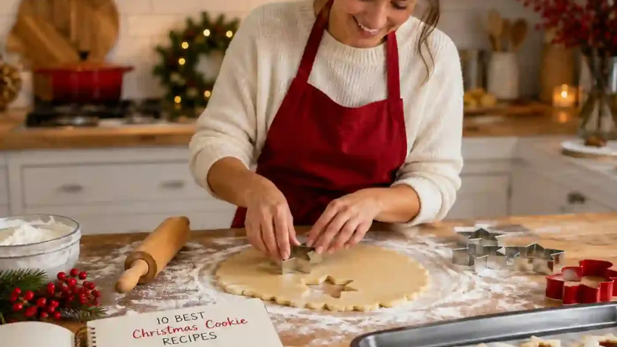 Eine Frau backt lächelnd Weihnachtsplätzchen in einer gemütlichen Küche