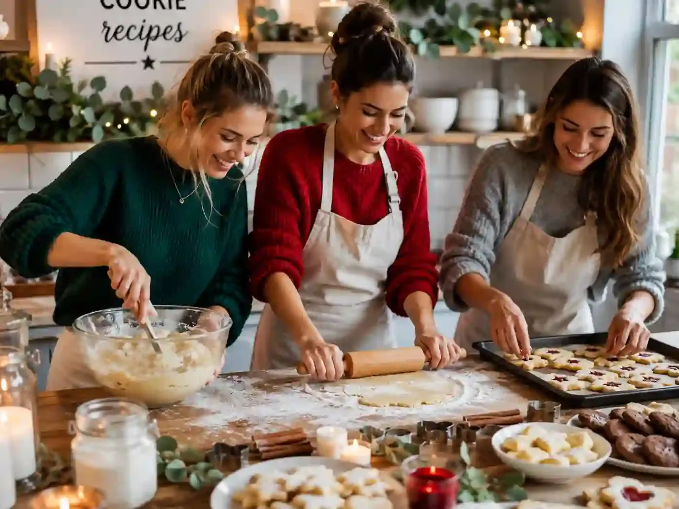Eine Gruppe von Freundinnen und Freunden backt gemeinsam Plätzchen in weihnachtlich dekorierter Küche