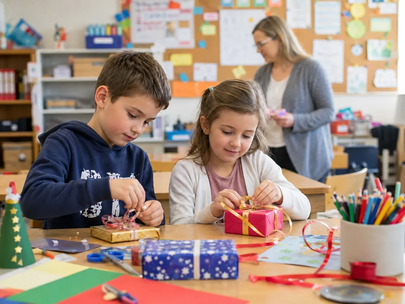 Kinder packen gemeinsam Geschenke für die Schule ein