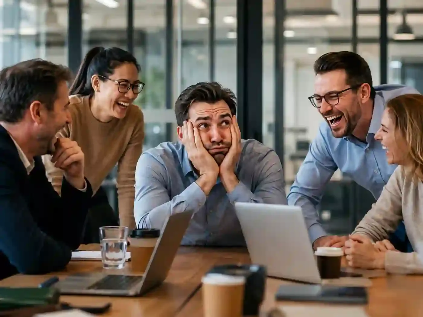 Zwei Kollegen lachen gemeinsam über eine Nachricht am Schreibtisch