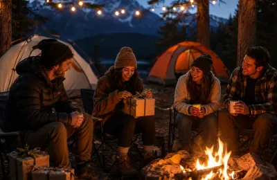 Eine Gruppe von Freunden sitzt abends am Lagerfeuer in den Bergen und öffnet gemeinsam ein Geschenk