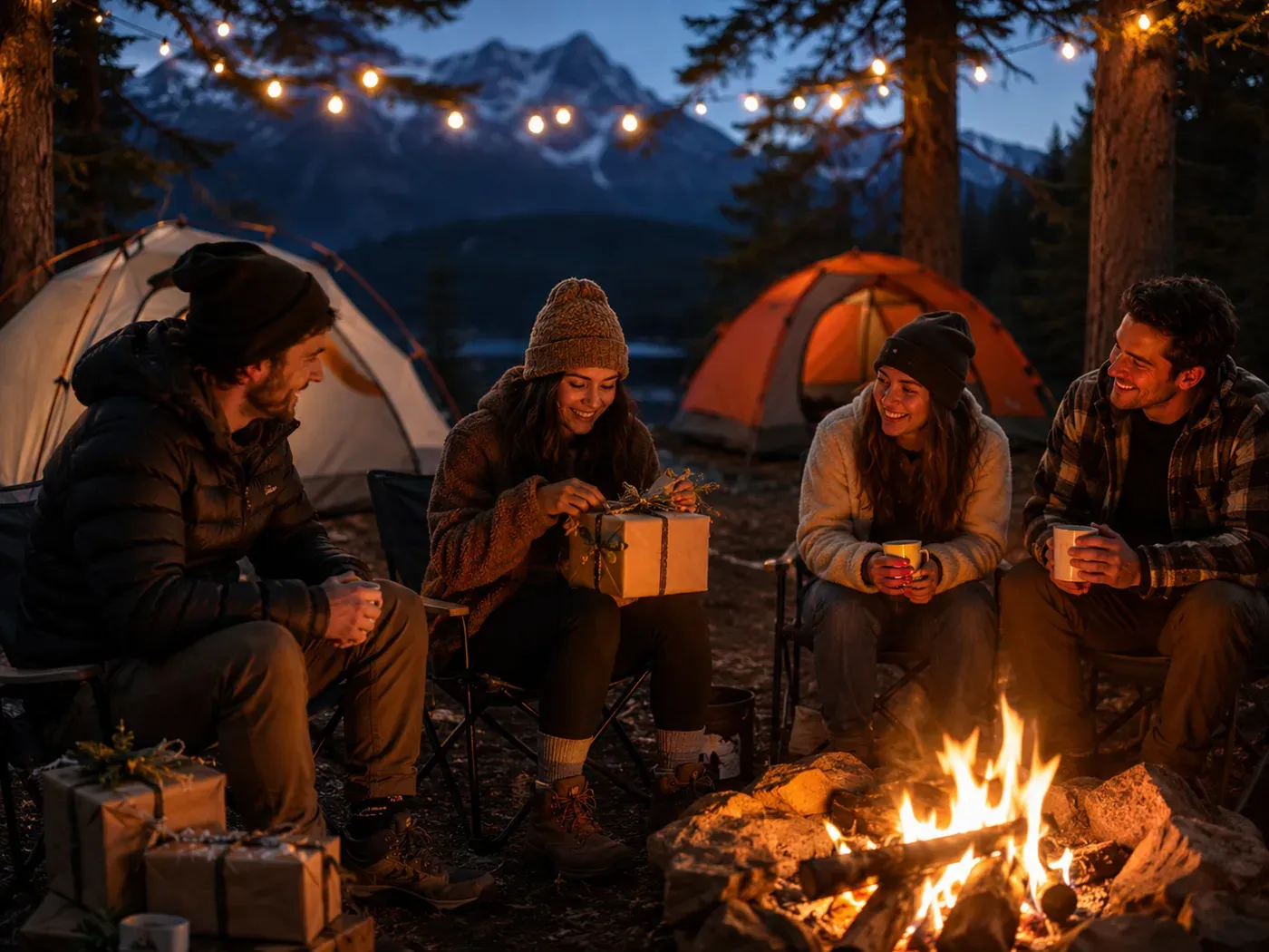 Eine Gruppe von Freunden sitzt abends am Lagerfeuer in den Bergen und öffnet gemeinsam ein Geschenk