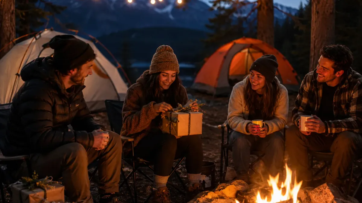 Eine Gruppe von Freunden sitzt abends am Lagerfeuer in den Bergen und öffnet gemeinsam ein Geschenk