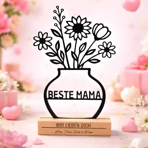 Personalisierter Line-Art-Aufsteller mit Blumenvase zum Muttertag