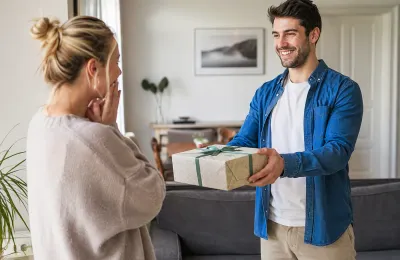 Ein Partner überreicht seiner Partnerin überraschend ein liebevoll verpacktes Geschenk