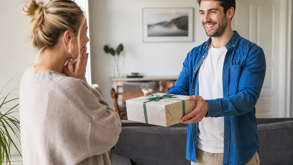 Mann überreicht seiner Partnerin ein liebevoll verpacktes Geschenk