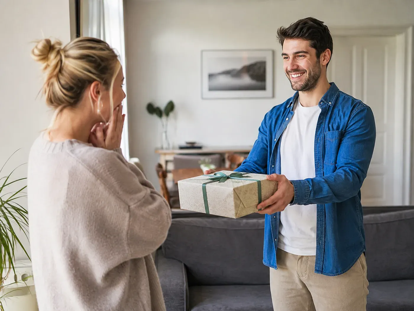Ein Mann überreicht seiner Partnerin überraschend ein liebevoll verpacktes Geschenk im Wohnzimmer