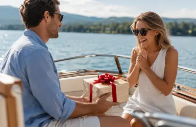 Ein Mann überreicht seiner Partnerin ein festlich verpacktes Geschenk auf einem Boot