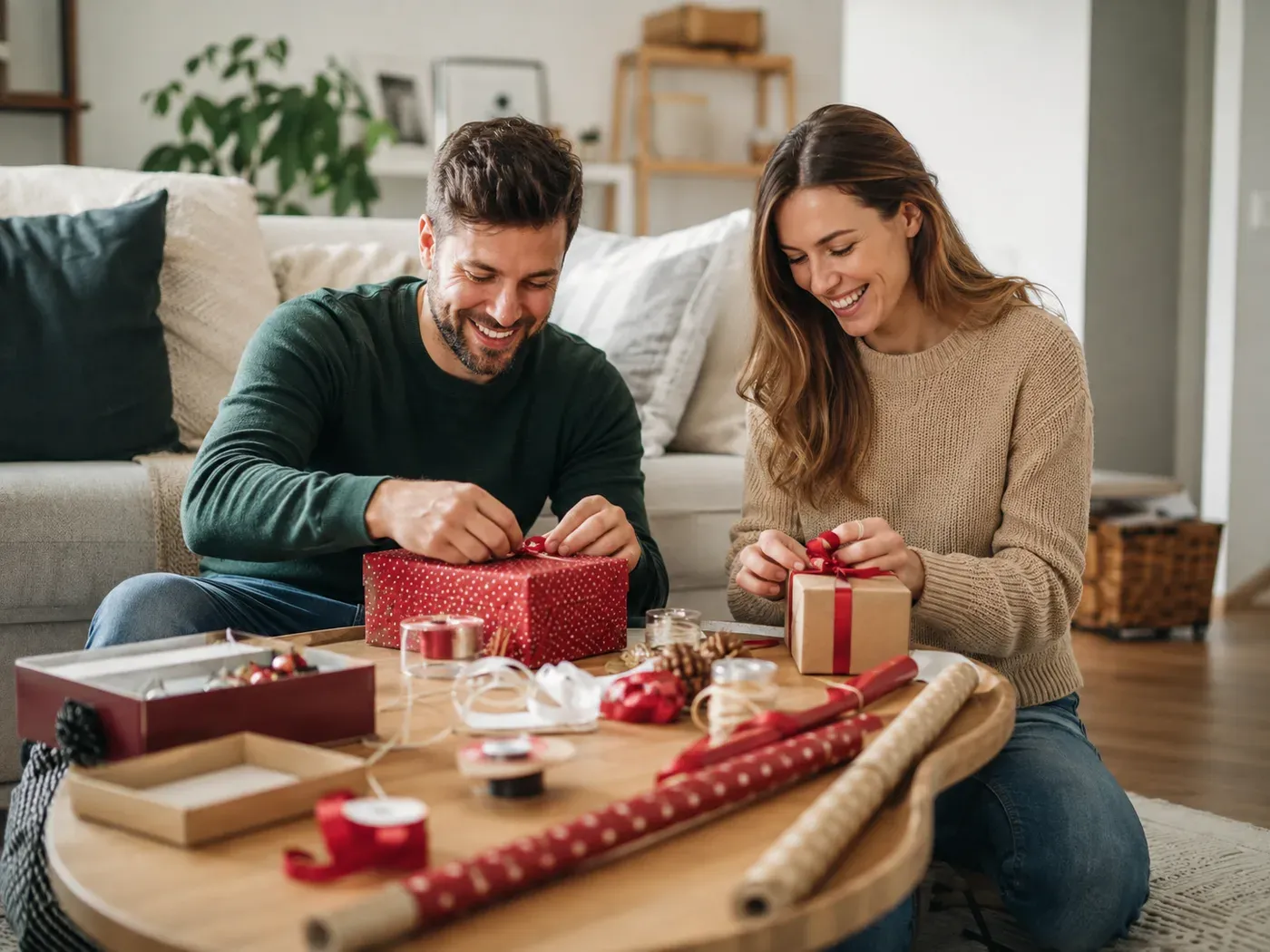 Ein Paar verpackt gemeinsam Geschenke im Wohnzimmer