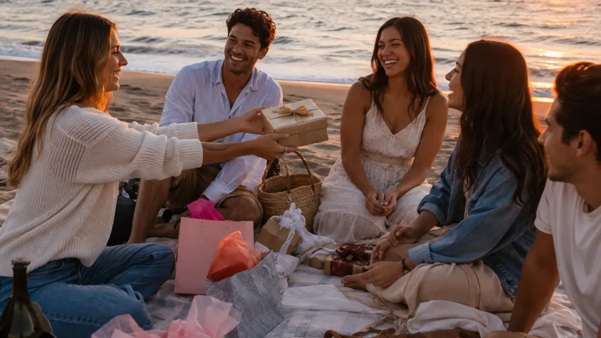 Eine Gruppe von Geschwistern und Freunden übergibt sich am Strand bei Sonnenuntergang ein Geschenk