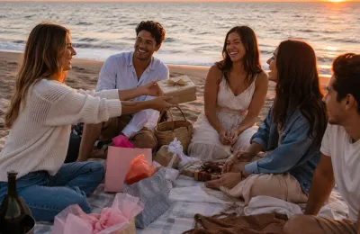 Eine Gruppe von Geschwistern und Freunden übergibt sich am Strand bei Sonnenuntergang ein Geschenk
