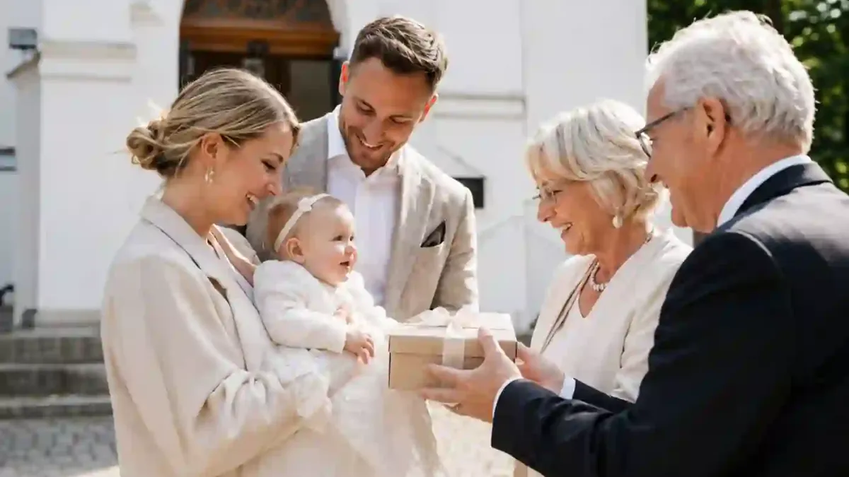 Eine Familie überreicht den Großeltern vor einer Kirche ein Geschenk zur Taufe