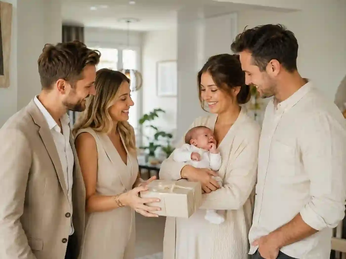 Eltern übergeben mit ihrem Baby ein Geschenk an die Großeltern nach der Taufe