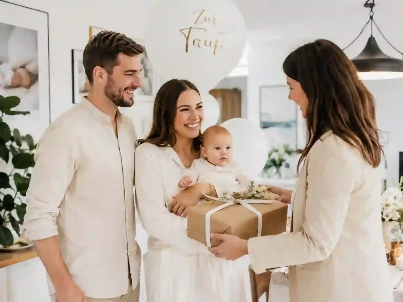 Eltern mit Baby erhalten ein Geschenk von Freunden vor einer Kirche nach der Taufzeremonie