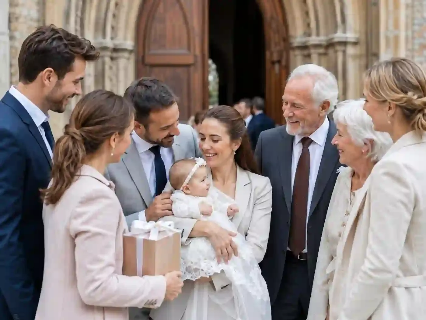 Eine Gruppe von Familie und Freunden gratuliert den Eltern mit einem Geschenk vor der Kirche nach der Taufe