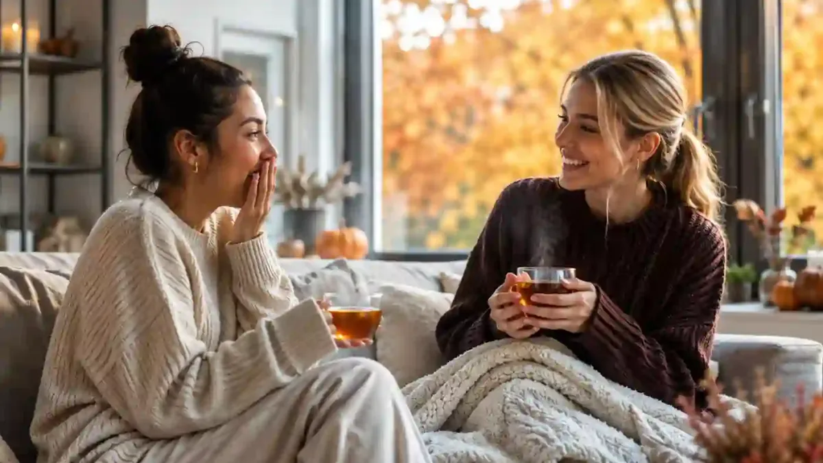 Zwei Freundinnen trinken gemeinsam Tee auf dem Sofa, im Hintergrund bunte Herbstblätter